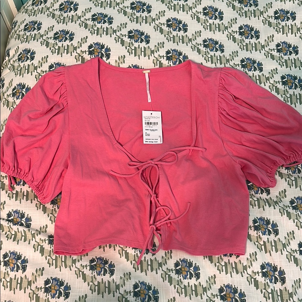 Pink Puff Sleeve Tie-Front Top